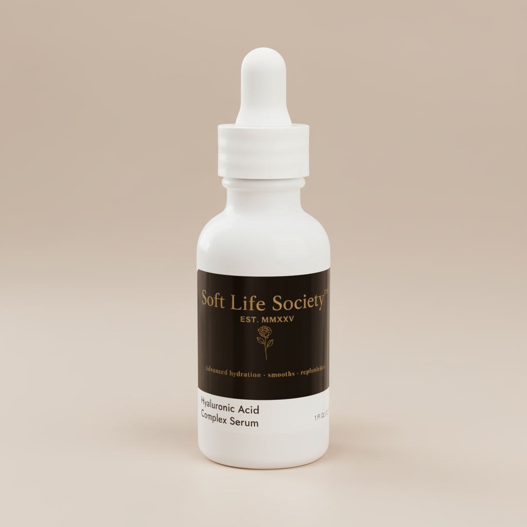White dropper bottle with black 'Soft Life Society' label on a beige background