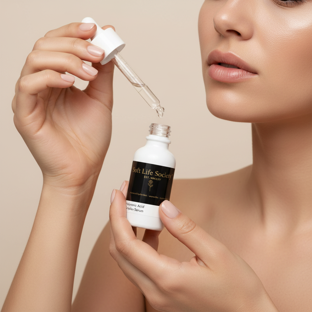 Person holding a 'Soft Life Society' skincare dropper bottle with a beige background