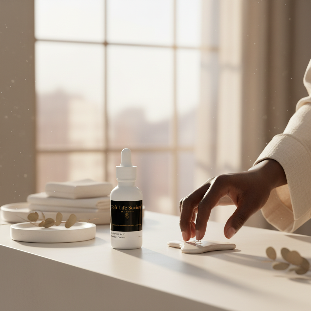 Hand reaching for a 'Soft Life Society' dropper bottle on a table with a blurred window background