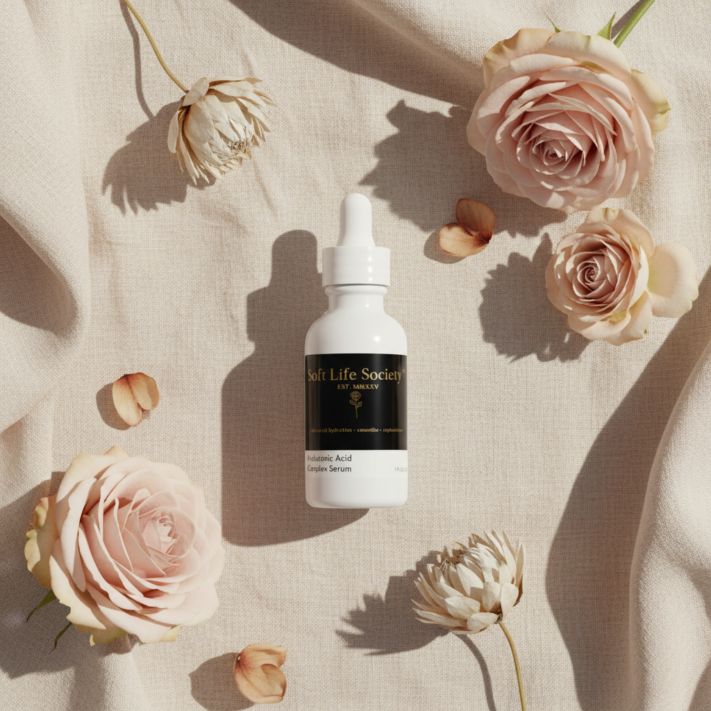 White dropper bottle with black 'Soft Life Society' label on a beige fabric background with pink roses and dried flowers.