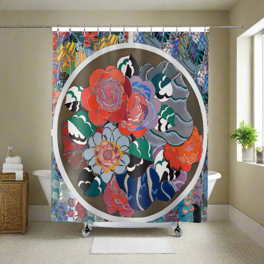 Art Deco floral shower curtain featuring a colorful Édouard Bénédictus 1928 design.
