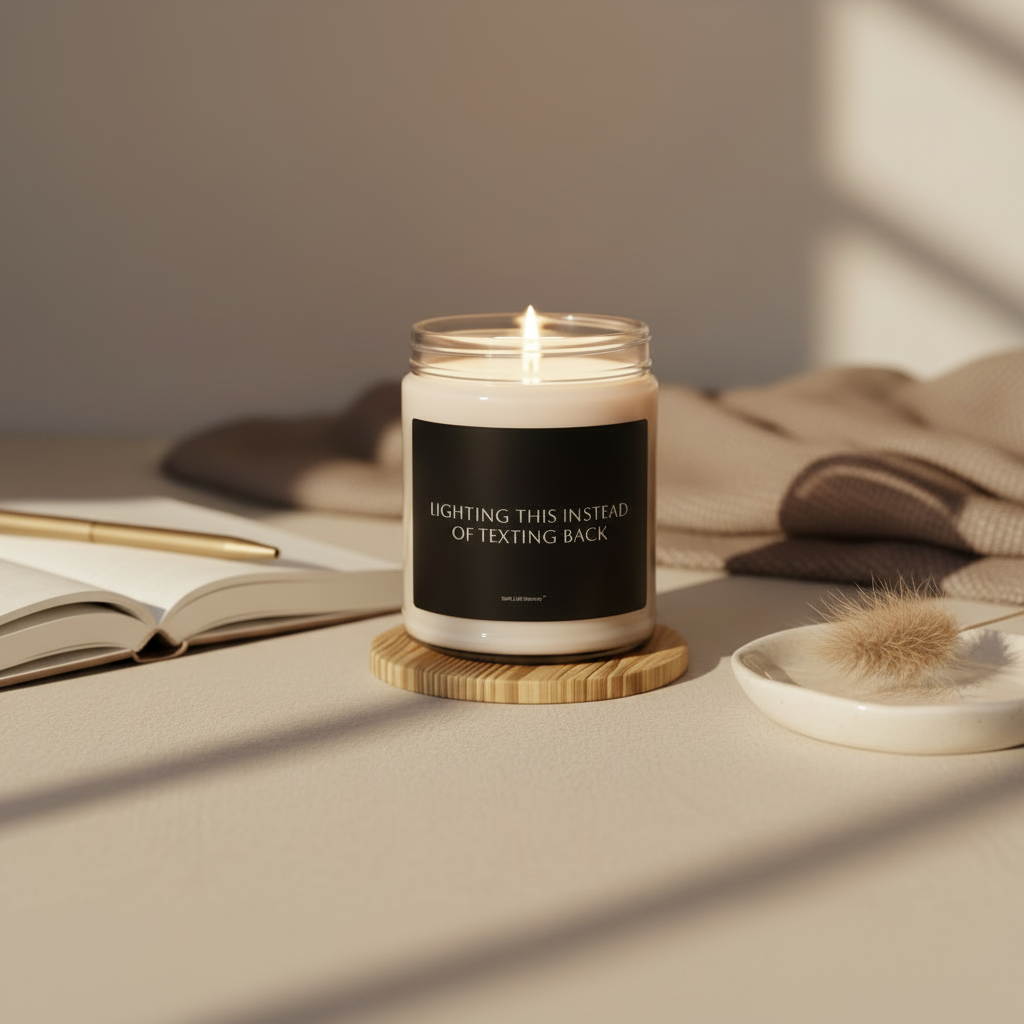 Candle with a message on a coaster next to an open book and dried plants on a neutral background