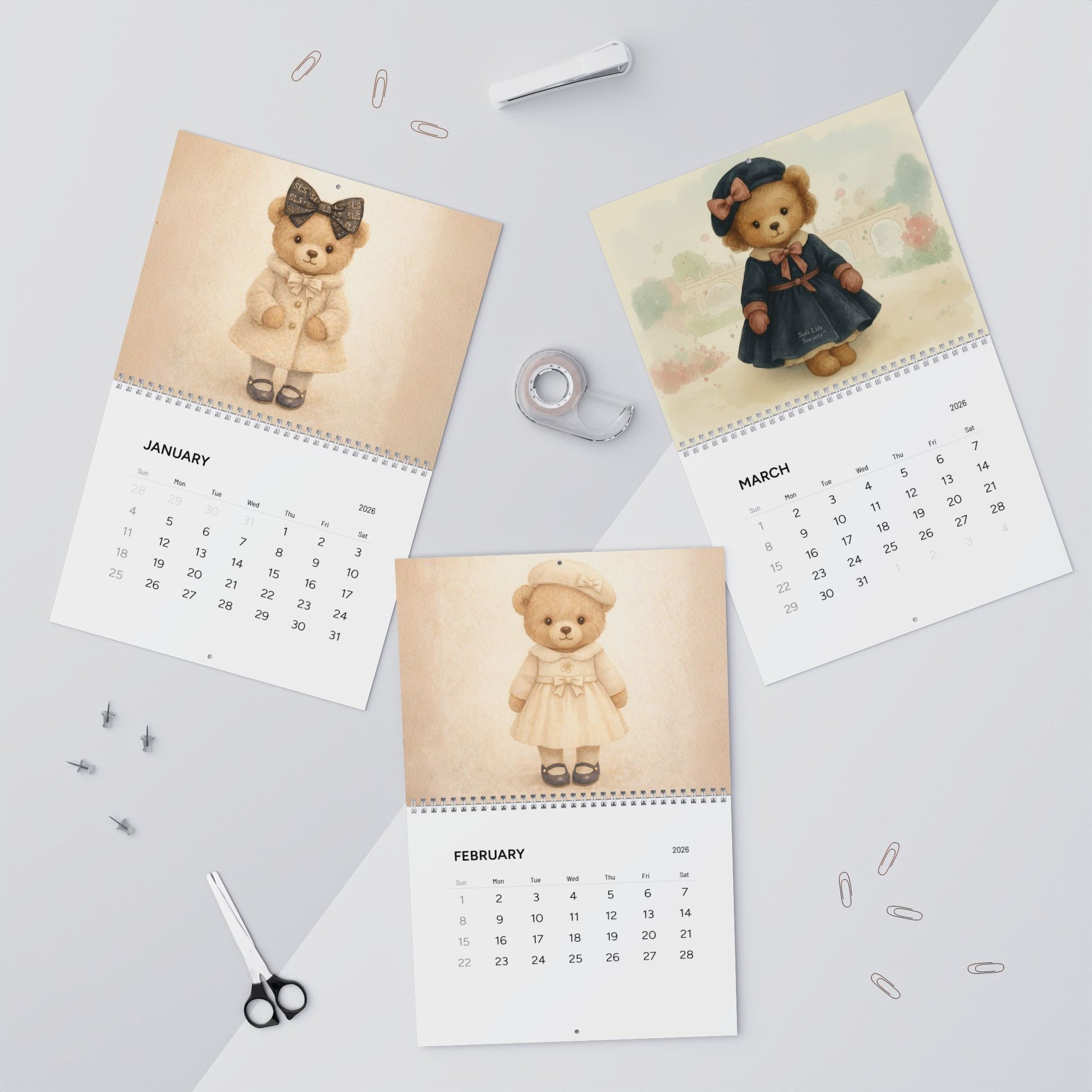 Calendar with teddy bear designs for January, February, and March on a light gray background.