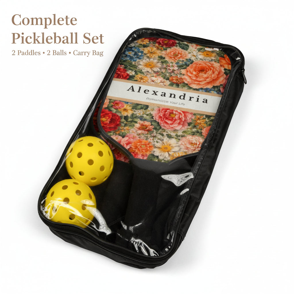 Floral-patterned pickleball paddle case with two yellow pickleballs on a white background