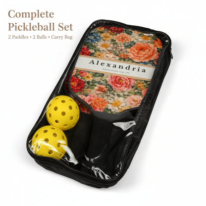 Floral-patterned pickleball paddle case with two yellow pickleballs on a white background