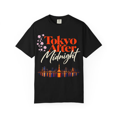Front view of black Tokyo After Midnight reader tee with cherry blossoms and illuminated Tokyo skyline