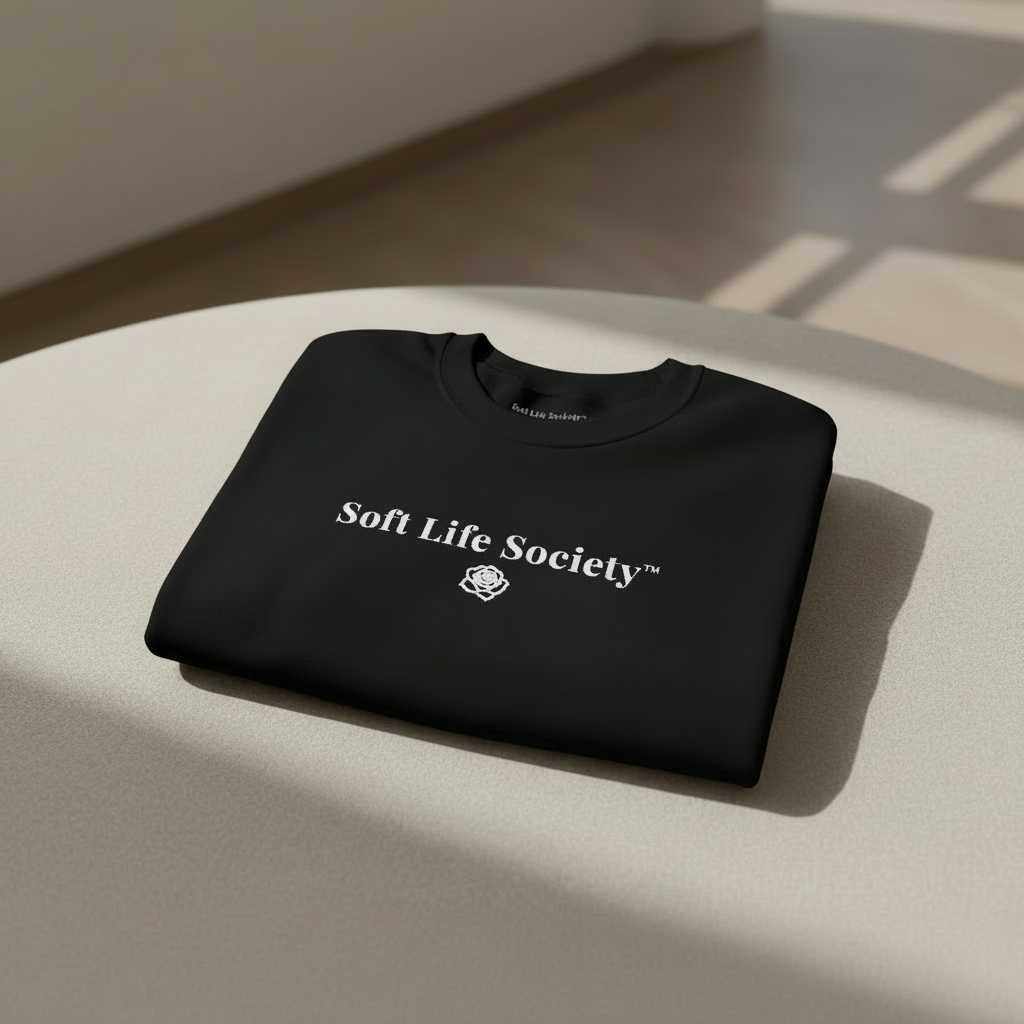 Folded black sweatshirt with 'Soft Life Society' text on a light surface