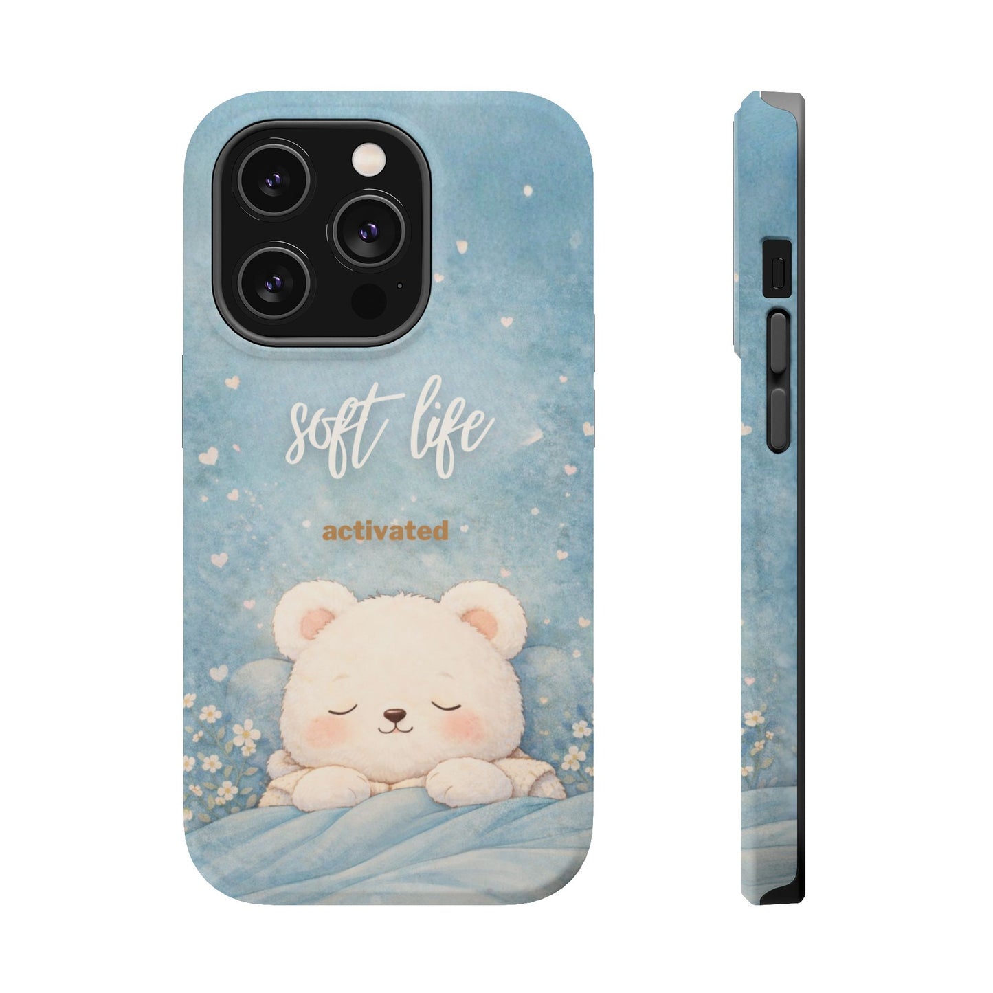 Slim protective phone case with soft blue bear design, front and back view, lightweight aesthetic case