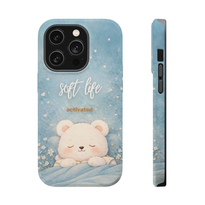 Slim protective phone case with soft blue bear design, front and back view, lightweight aesthetic case