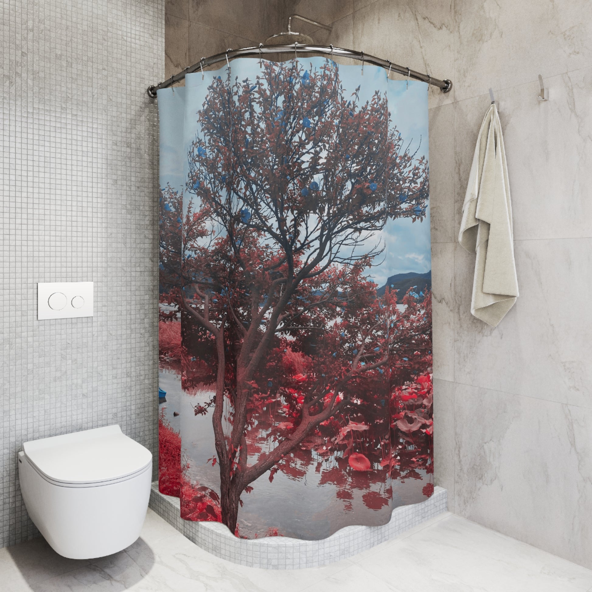Alternate bathroom setup showcasing the Korean-inspired shower curtain with subtle lighting.

