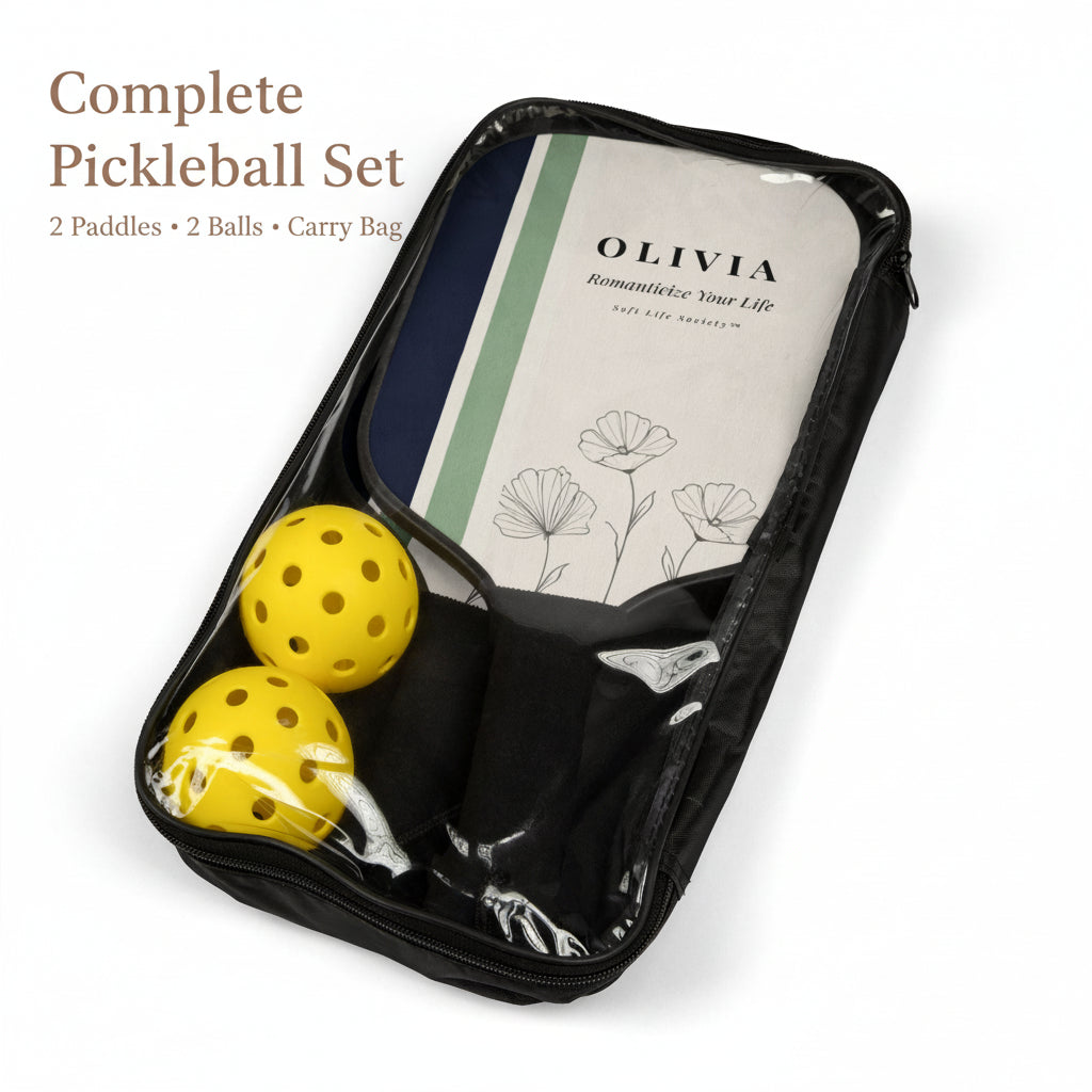 Black pouch with yellow balls and a pickleball paddle labeled 'OLIVIA' on a white background
