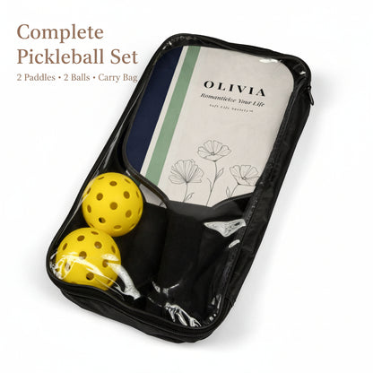 Black pouch with yellow balls and a pickleball paddle labeled 'OLIVIA' on a white background