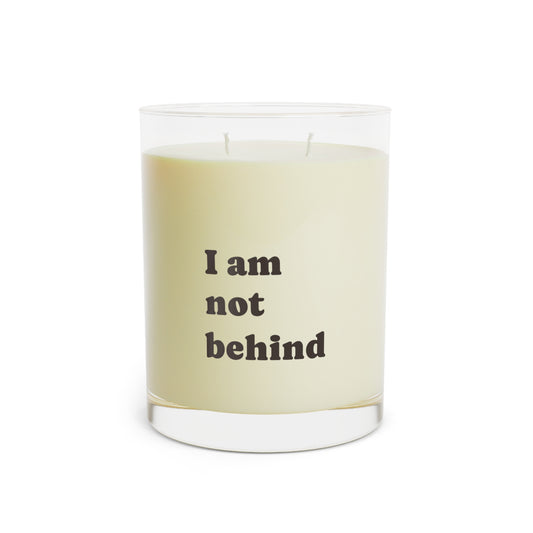Soft Life Society Affirmation Candle with text 'I am not behind' on a white background