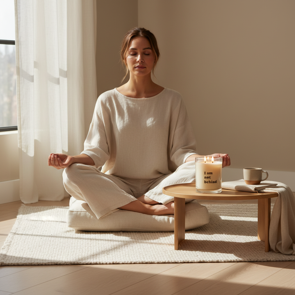 Woman meditating in a serene room with a Soft Life Society Affirmation Candle with 'I am not behind' and mug on a small table.