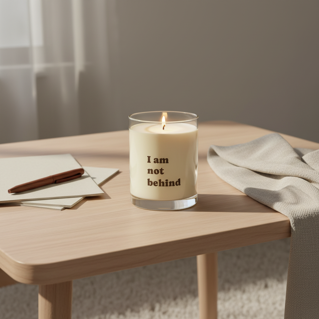 Soft Life Society Affirmation Candle with 'I am not behind' text on a wooden table with a notebook and pen.