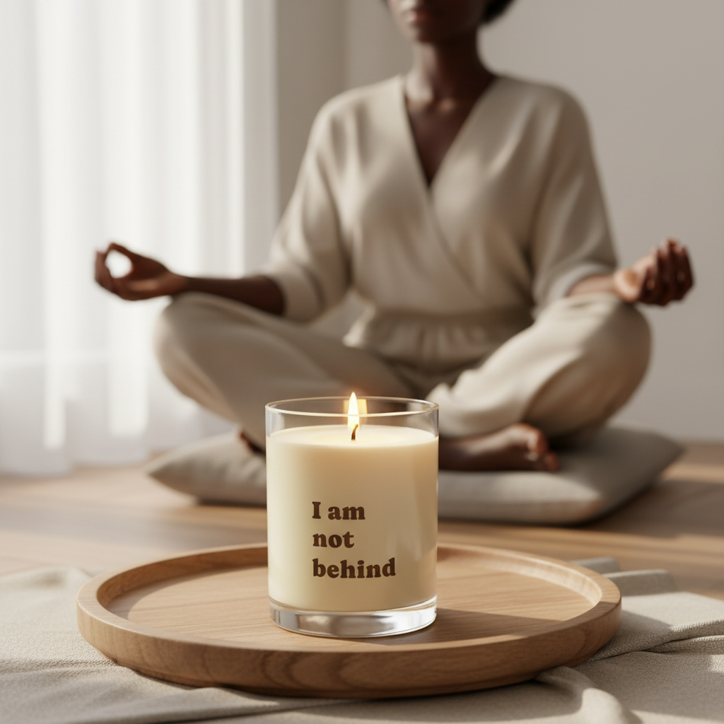Person meditating with a candle on a tray that reads 'I am not behind' in a calm setting.