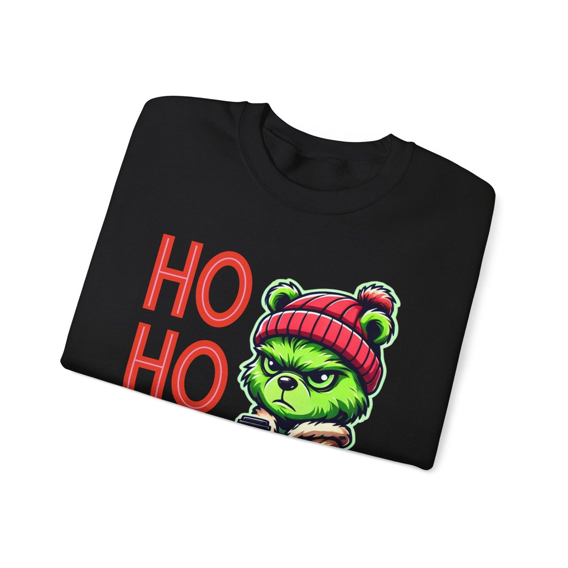 Folded view of a sweatshirt featuring a festive teddy bear inspired by the Grinch, with 'HO HO OH' text for a stylish and playful holiday vibe.