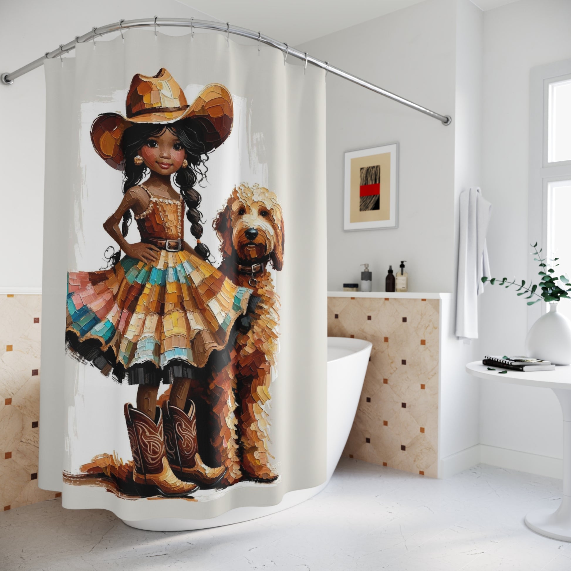 Side view showcasing the intricate colors and patterns of the cowgirl’s dress and dog’s fur
