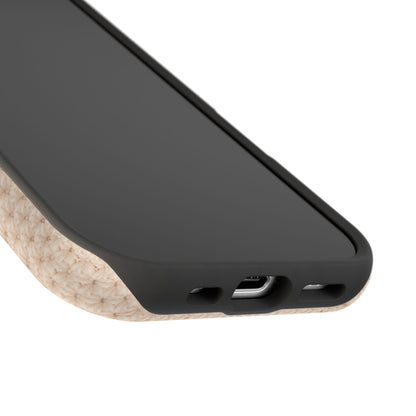 Phone case with natural fiber edge and black plastic back on a white background