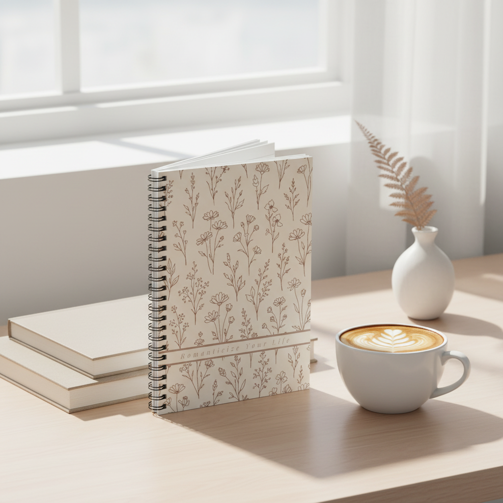 Notebook with floral pattern and banner 'Romanticize Your Life' on a wooden surface with a cup of coffee and a vase.