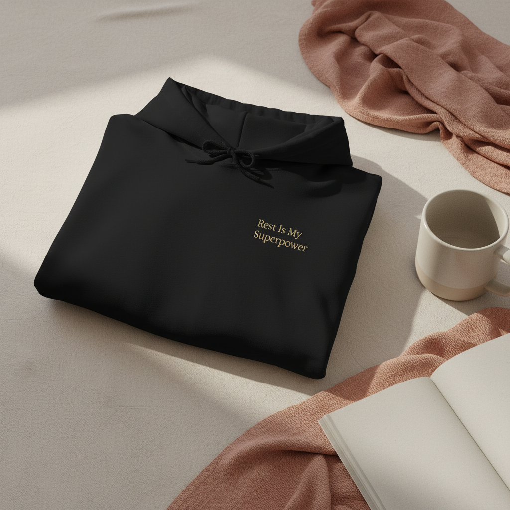 Black hoodie with 'Rest Is My Superpower' text on a light surface with a mug and pink fabric.