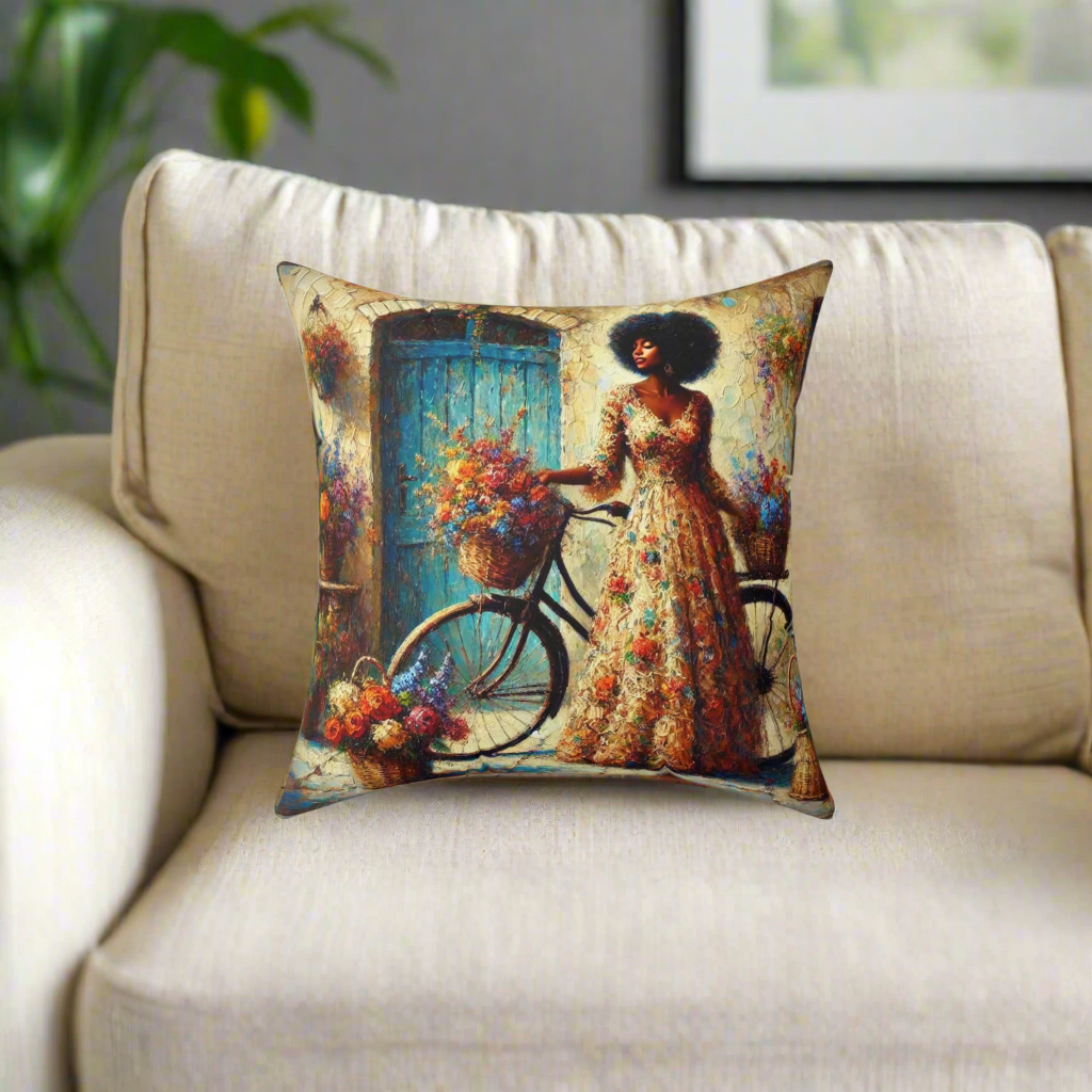 Double-sided decorative pillow with vibrant artwork of a woman and flowers, perfect for cozy living spaces.