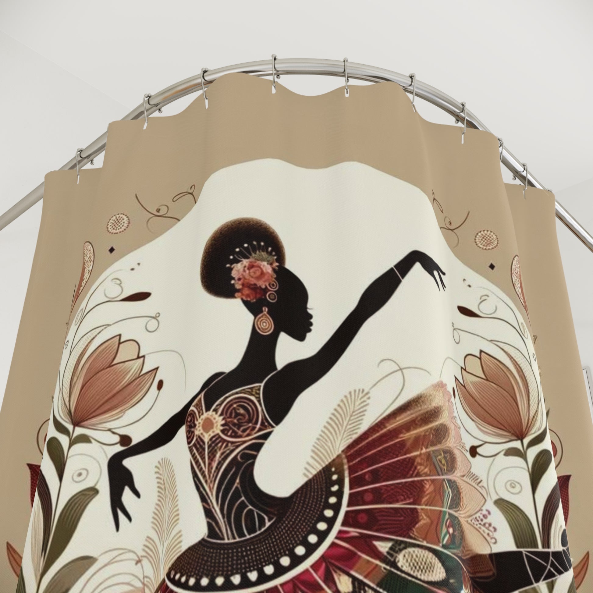 Detailed floral motif and dancer in earthy colors on a high-quality shower curtain.