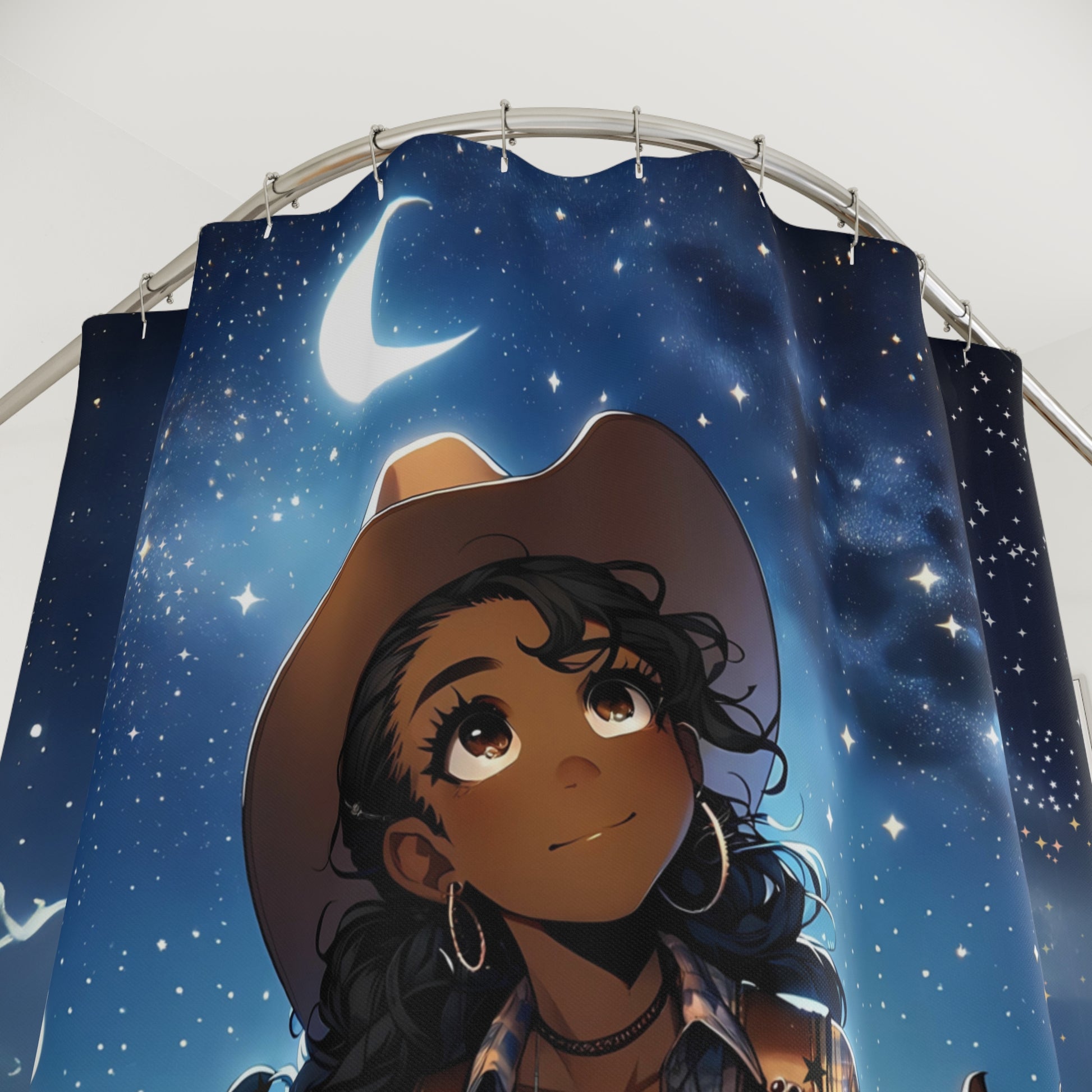 Close-up of the Cowgirl Under the Stars shower curtain design, showcasing the detailed crescent moon and starry sky.

