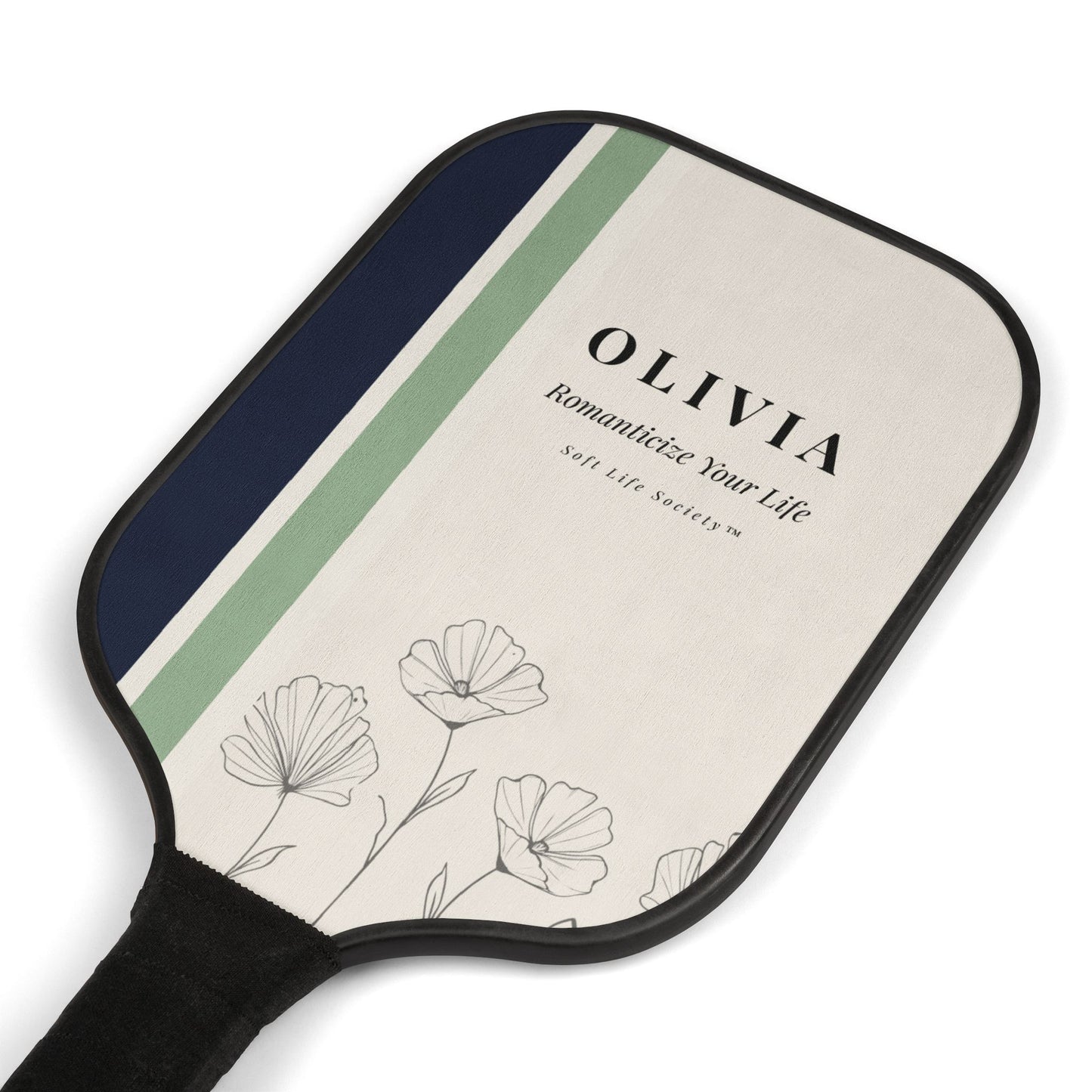 Paddle with 'Olivia' branding and floral design on a white background
