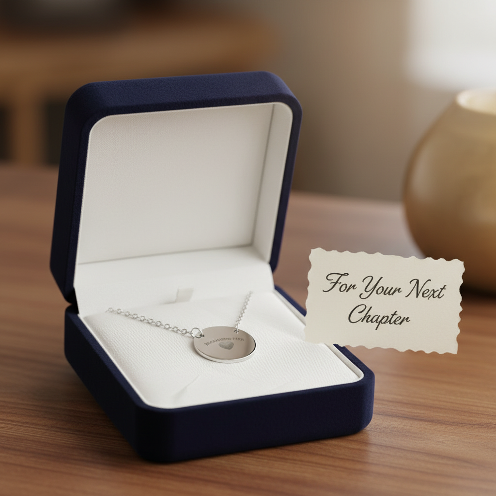 Becoming Her engraved disc necklace displayed in an elegant navy gift box with a note reading ‘For Your Next Chapter,’ styled on a wooden table.
