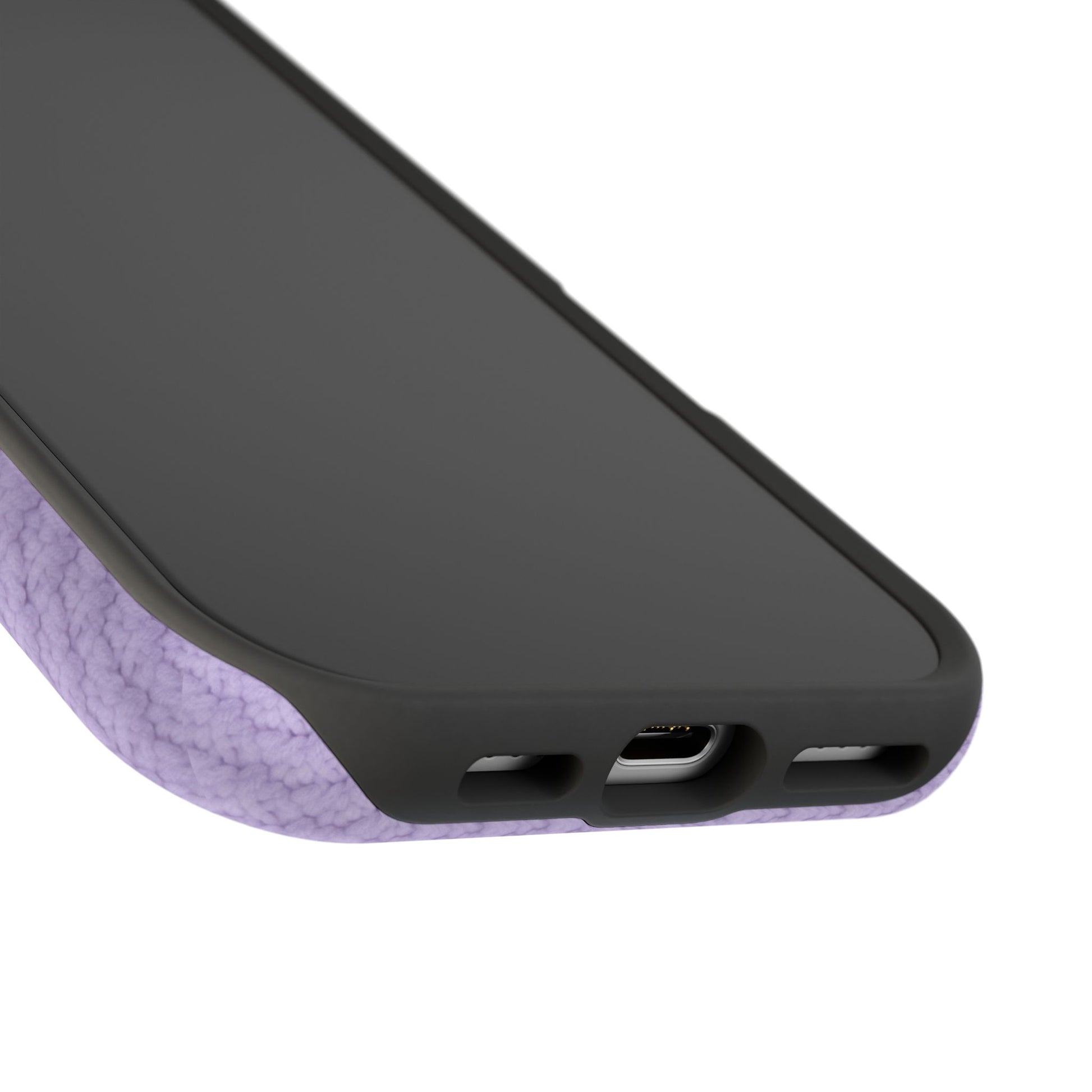 Phone case with black back and purple textured side on a white background