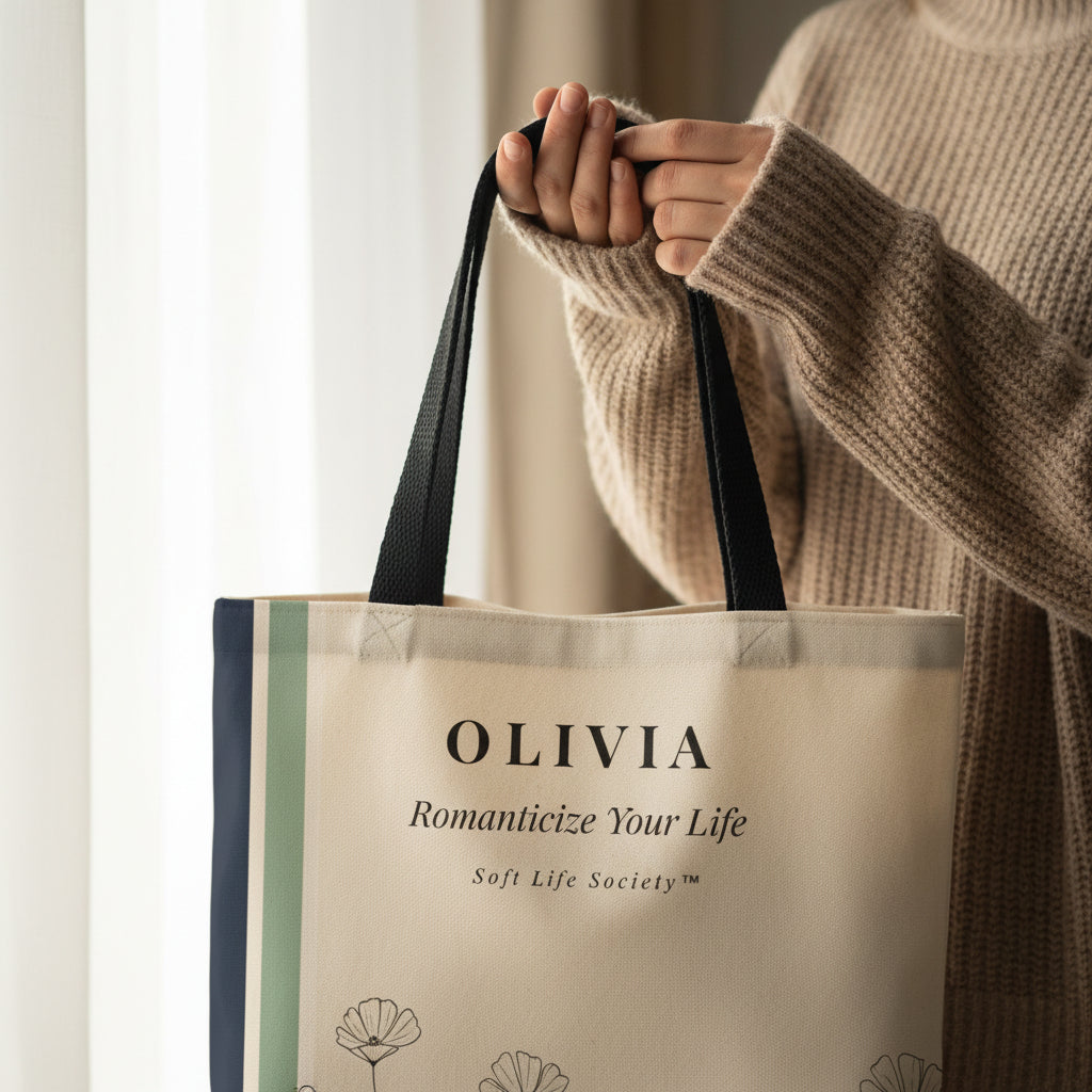 Tote bag with floral design and text on a white background