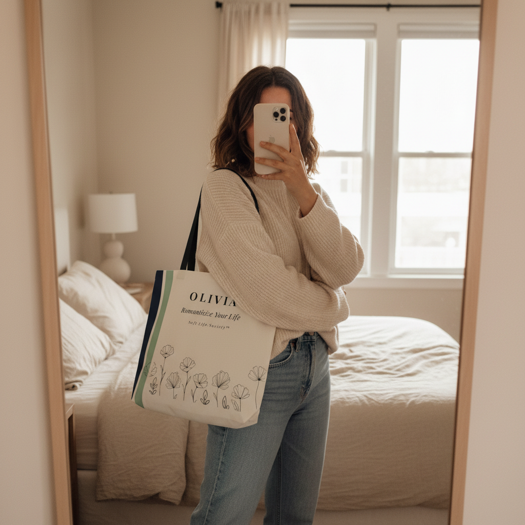 Person holding a tote bag with 'OLIVIA' branding in a bedroom setting