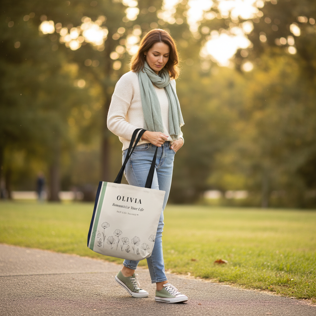 Woman walking in a park holding a tote bag with 'OLIVIA' branding.