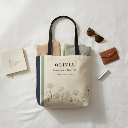 Tote bag with 'OLIVIA' branding and floral design on a light background