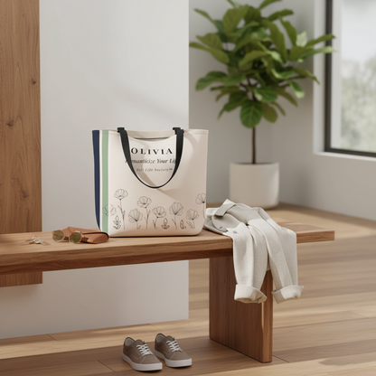 Tote bag with floral design on a wooden bench in a room with a plant and shoes.