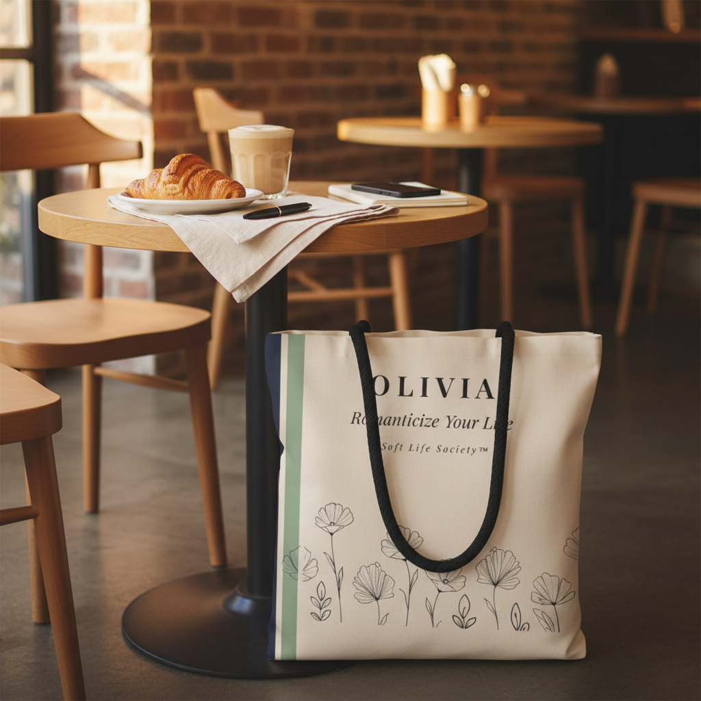 Beige tote bag with floral designs and 'OLIVIA' branding on a table in a café setting.