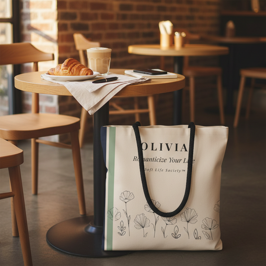 Beige tote bag with floral designs and 'OLIVIA' branding on a table in a café setting.