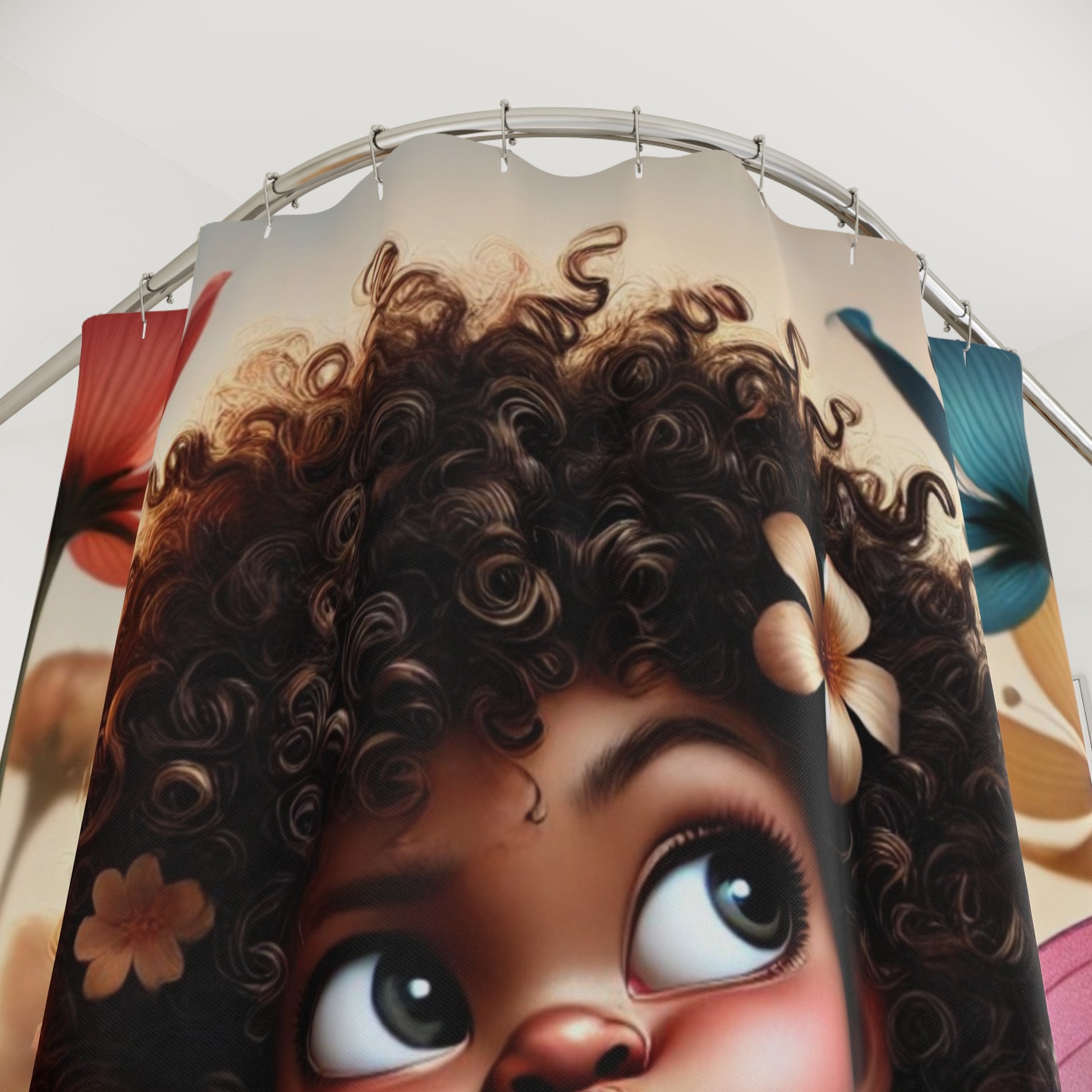 Close-up detail of the fairy's textured hair and floral decorations on a vibrant shower curtain.
