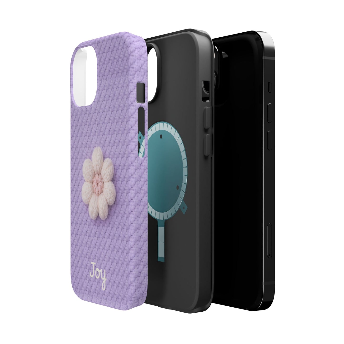 Smartphone showing layers with purple cover with a flower design and 'Joy' text on a white background.