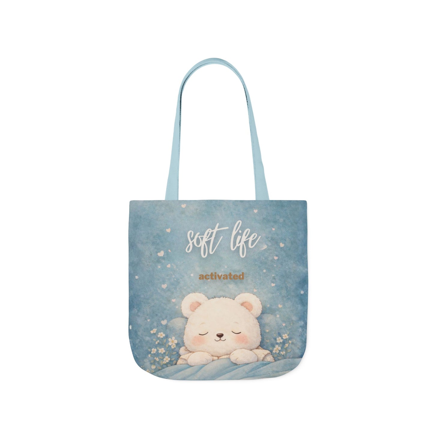 Tote bag with a bear design and text on a white background