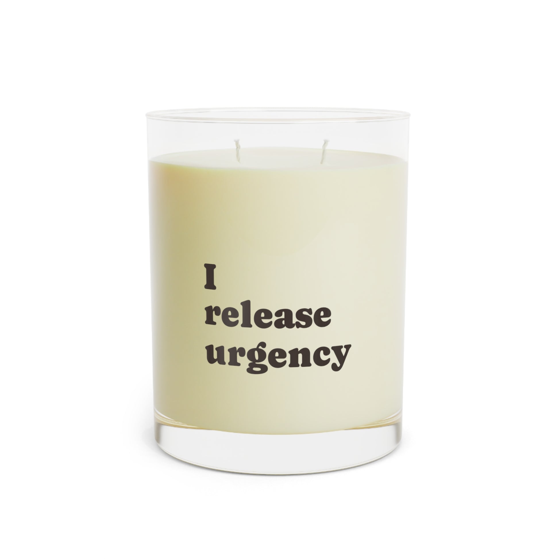 Soft Life Society Affirmation Candle with text 'I release urgency' on a white background