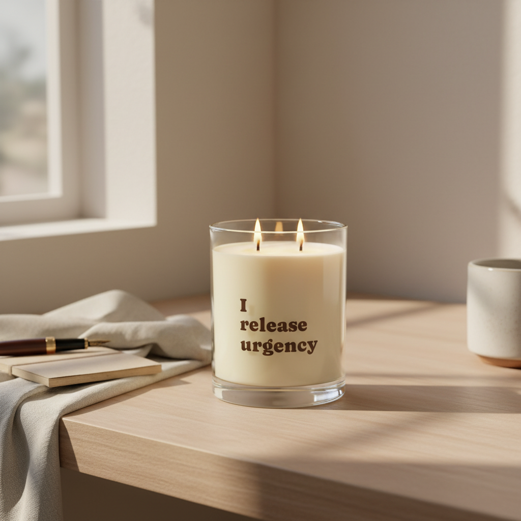 Soft Life Society Affirmation Candle with 'I release urgency' text on a wooden surface near a window
