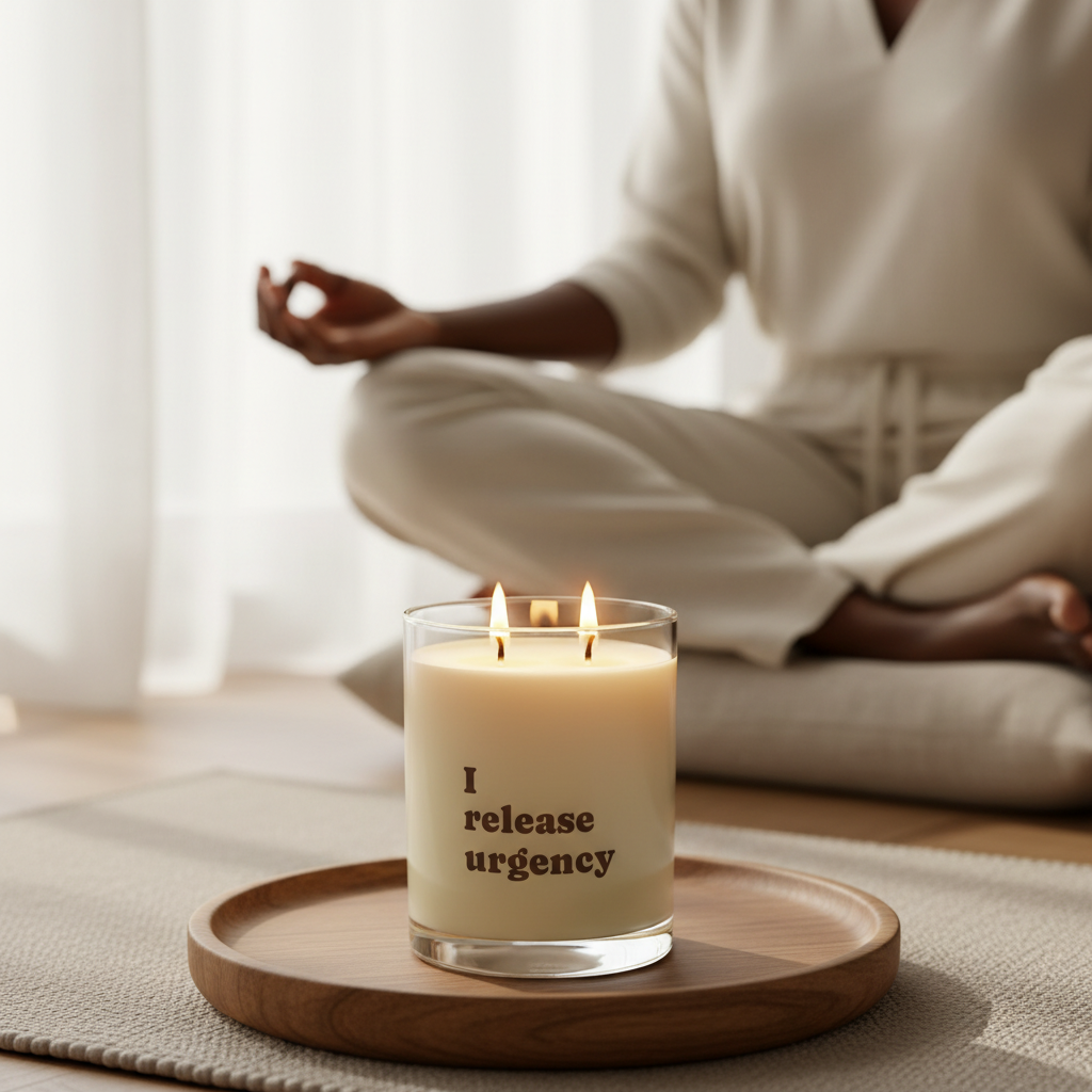 Person meditating with a Soft Life Society Affirmation candle labeled 'I release urgency' on a wooden tray.