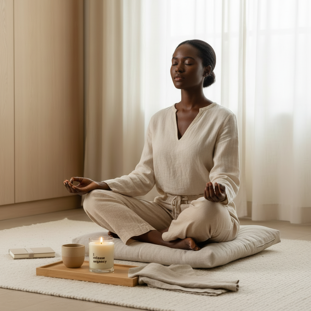 Woman in a white outfit meditating in a serene room with a Soft Life Society Affirmation candle and book.