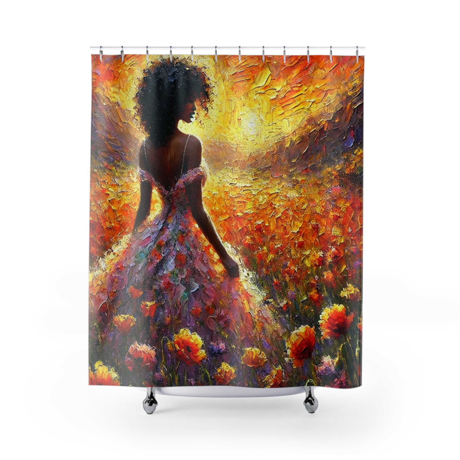 Vibrant Afrocentric shower curtain featuring a woman in a blooming floral field under a golden sunset.