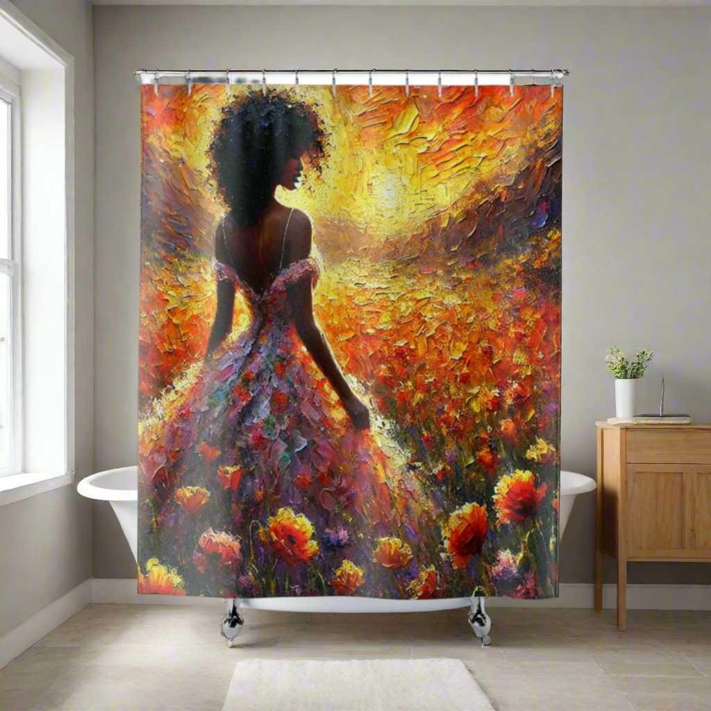 Elegant bathroom setup showcasing the Afrocentric shower curtain as a focal point