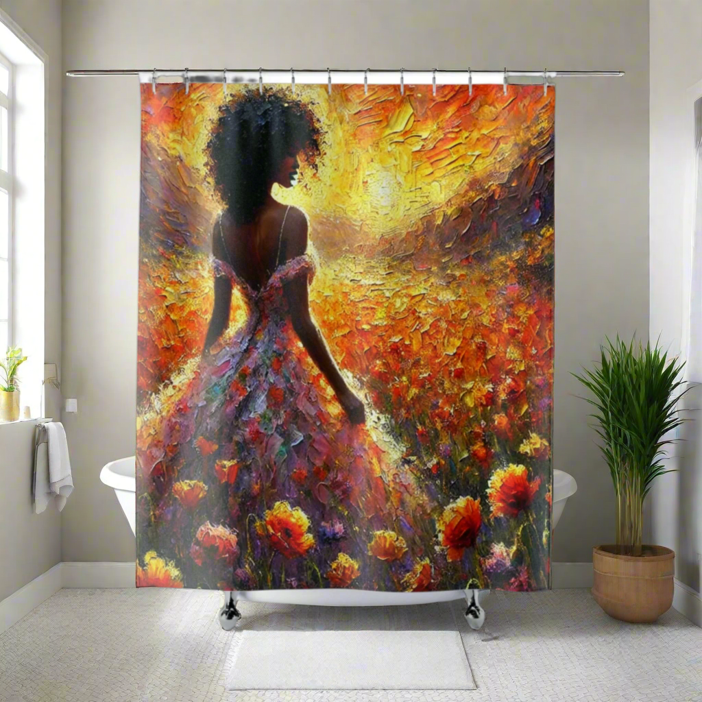 Vibrant Afrocentric shower curtain featuring a woman in a blooming floral field under a golden sunset.