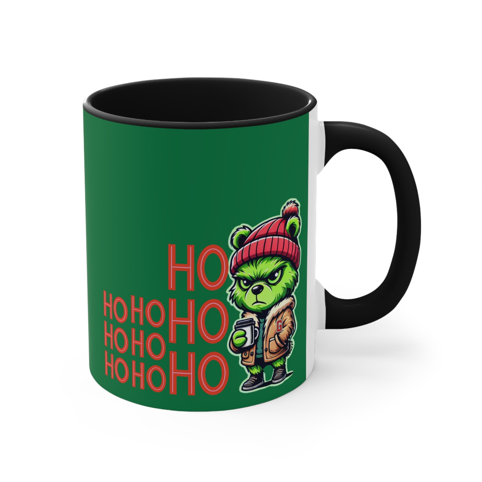 Side view of a Green and red coffee mug with black interior and handle, featuring a playful Grinch-inspired teddy bear in a beanie and jacket, alongside bold 'HO HO OH' text, perfect for holiday drinks like coffee or hot cocoa.