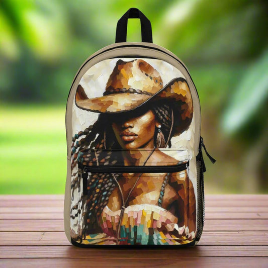 Artistic Backpack, Stylish Cowboy Hat Design, Vibrant Painted Woman, School Bag, Travel Backpack, African Boho Art